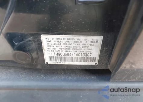 2001 Honda Accord 2.3 Lx from USA, damaged, VIN 1HGCG56451A013307